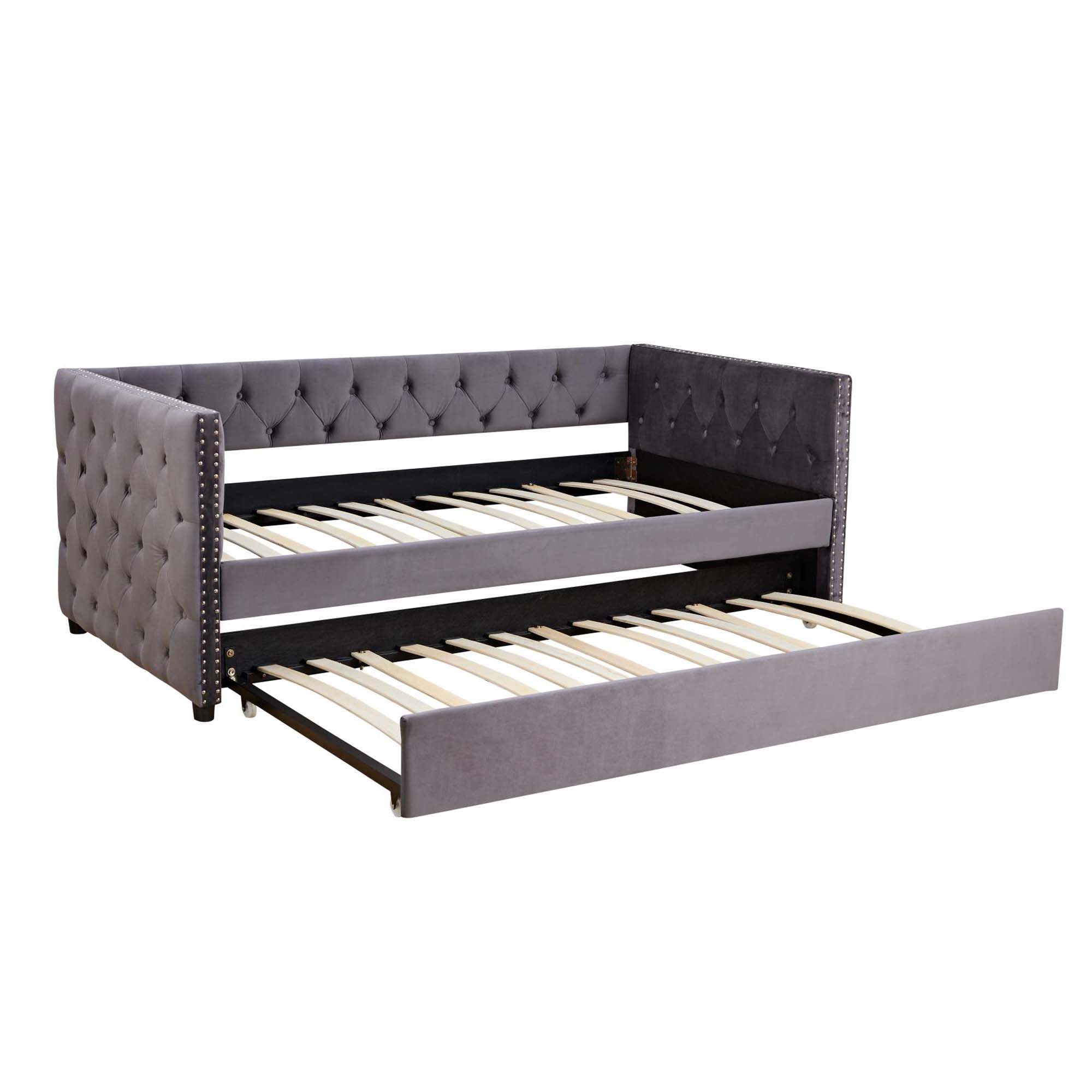 Aukfa Upholstered Daybed with Trundle, Twin Trundle Bed, Button Tufted - Gray