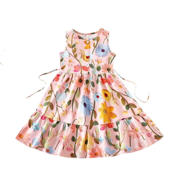 Tranfacy Kids Girls All Ages Summer Print Round Neck Dress Sleeveless Floral Midi Beach Knee Length Style