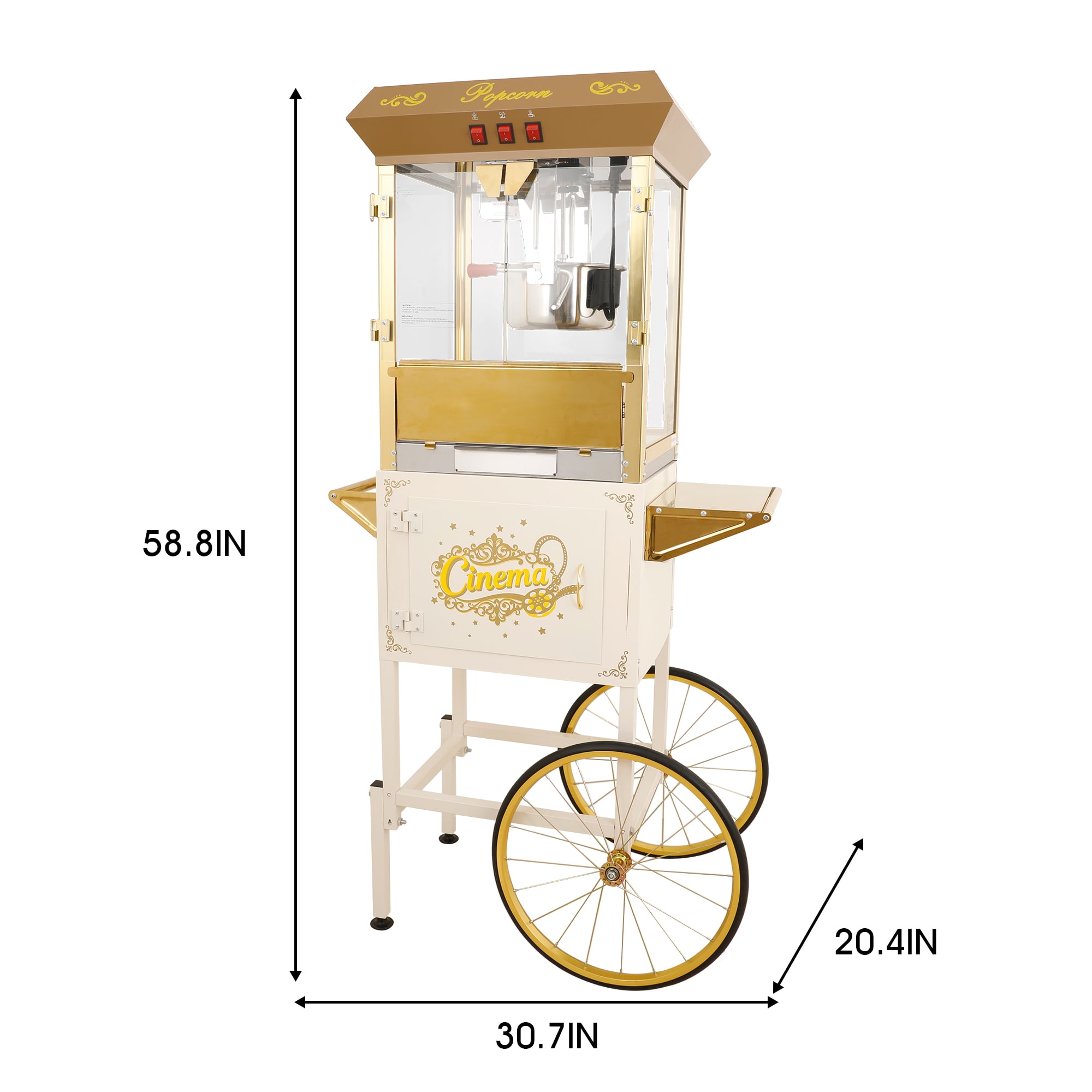 Miniyam 16 oz Commercial Popcorn Machine with Cart, High-Power 850W Popcorn Maker with Stainless Kettle, Clear Viewing Panels, Warming Light & Storage Cabinet, White