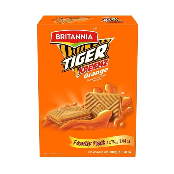 Britannia Tiger Kreemz Orange Cream Biscuits | Family Pack (10.58 oz)300 gm (75 * 4) | Perfect Snack For Every Occasion