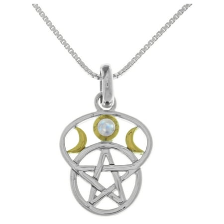 - Sterling Silver Moon Goddess Pentacle Pendant with Moonstone on 18 Inch Box Chain Necklace