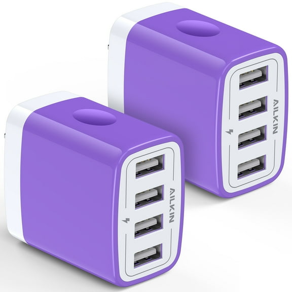 USB Wall Charger Block,USB Charger Adapter,AILKIN 5V/4.8A/2Pack Multi Port Four Usb Charger Block Fast Charging Station Power Base Charger Block Plug Brick for iPhone Wall Charger,Purple