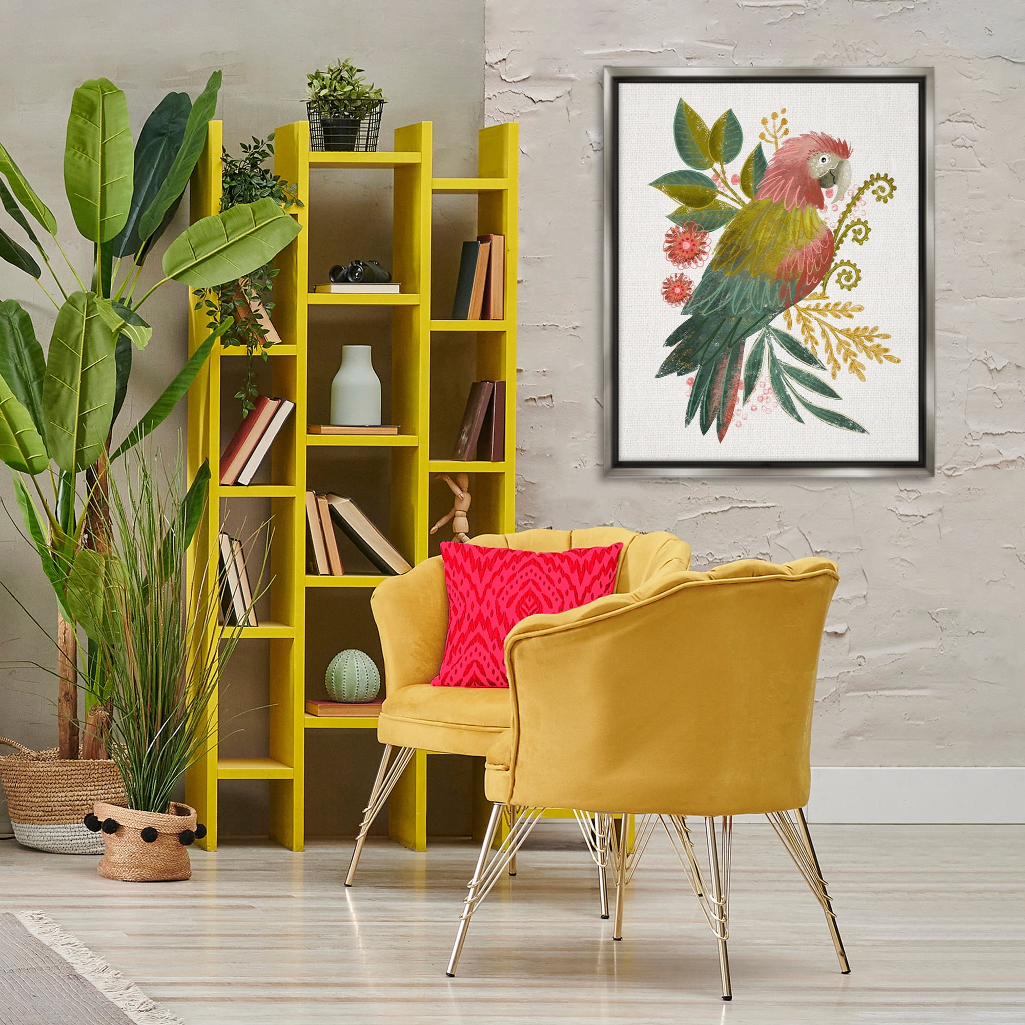 Stupell Industries Parrot with Eclectic Leaves Animals & Insects Painting Gray Floater Framed Canvas Art Print Wall Art, 25 x 31