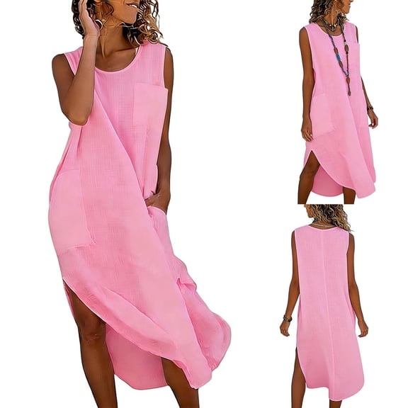 Sakmal Womens Dresses Cotton Linen Maxi Vacation Tank Dress Crew Neck Sleeveless Pink Sundress for Women L