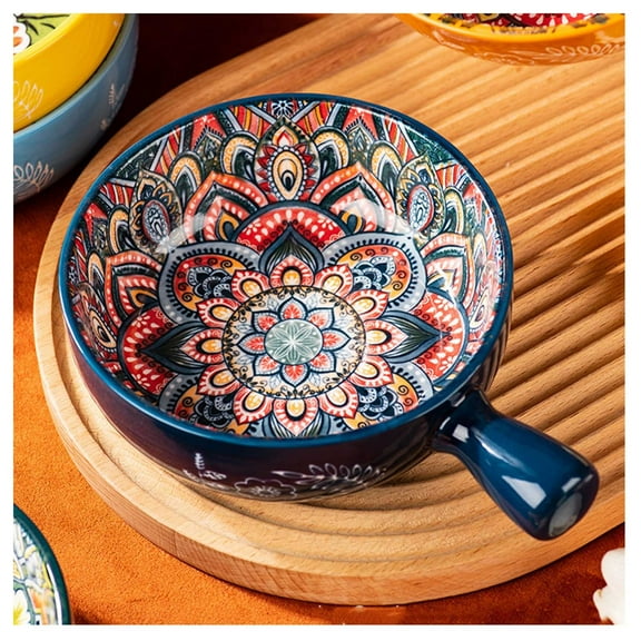 Ceramic Serving Bowl with Handle,Round Salad Bowl,Non-Slip Double Handle Design for Cereal, Salad, Soup, Snacks,Easy to Clean