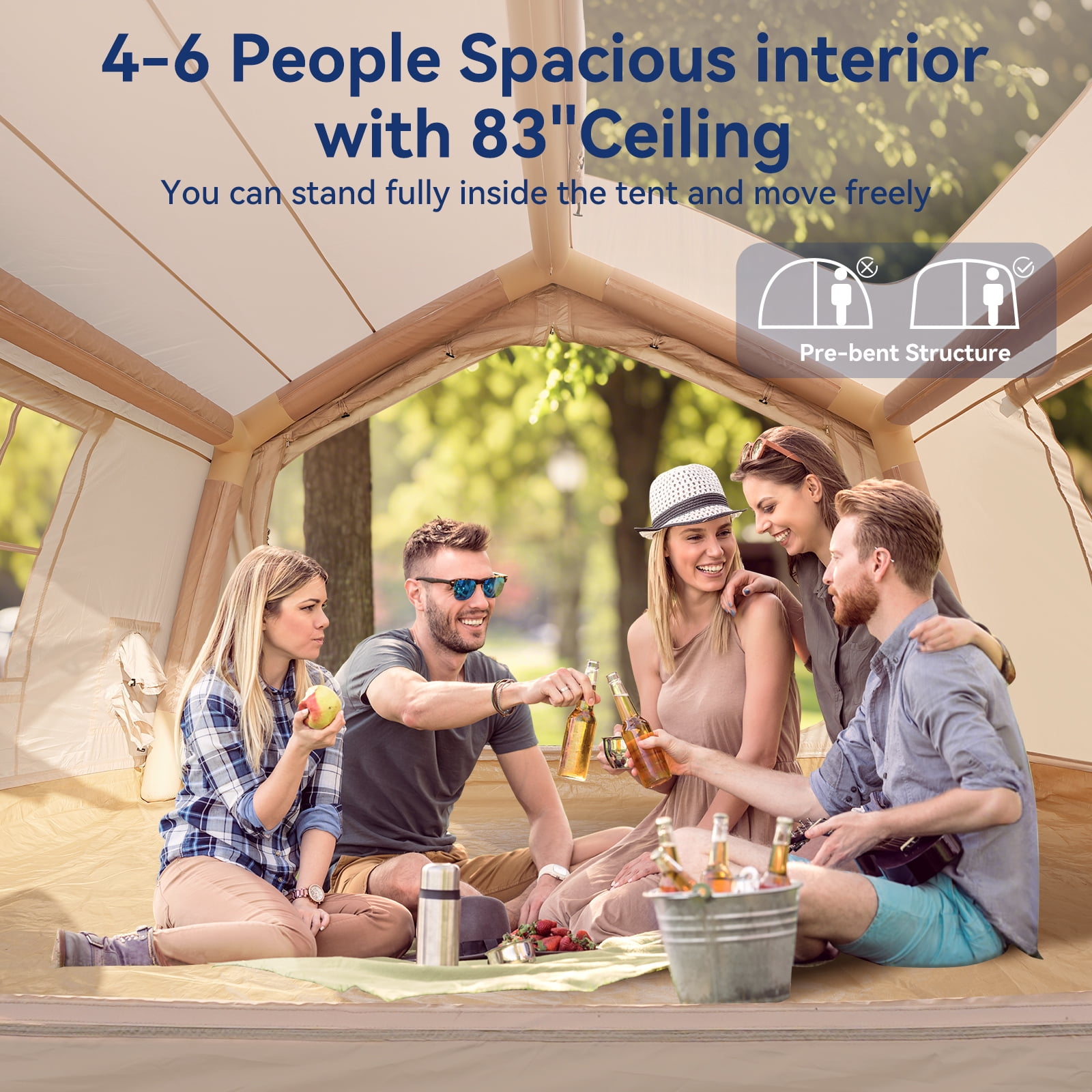 Slsy 6-8 Person Inflatable Camping Tents with Hand Pump & Carry Bag, Air Glamping Tents, Easy Setup Waterproof Windproof Blow up Tent, 4 Seasons Oxford Cabin Tent with Dual Mesh & Chimney Window