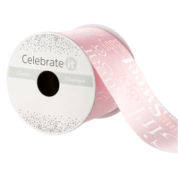 2.5" x 5yd. It's a Girl Satin Ribbon by Celebrate It – Pink - Non-Wired with Woven Selvedge - Polyester – Ideal for Baby Showers - Gift Wrapping & Decor - 12 Pack