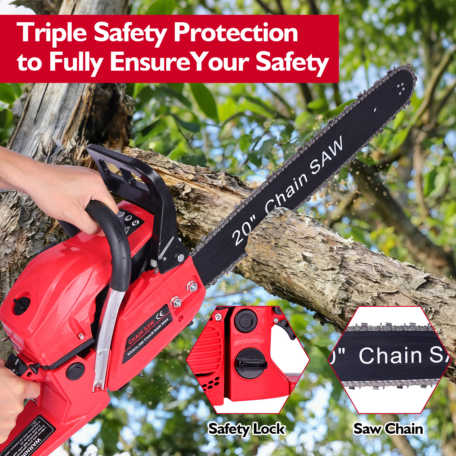 Two-Stroke 58CC Chain Saw, 20 Inches, 2200W, Chain Saw Set, Complete Accessories Ready For Use, Two-Hole Heat Dissipation, Soft Leather Handle, Safety Brake, Efficient Felling Saw