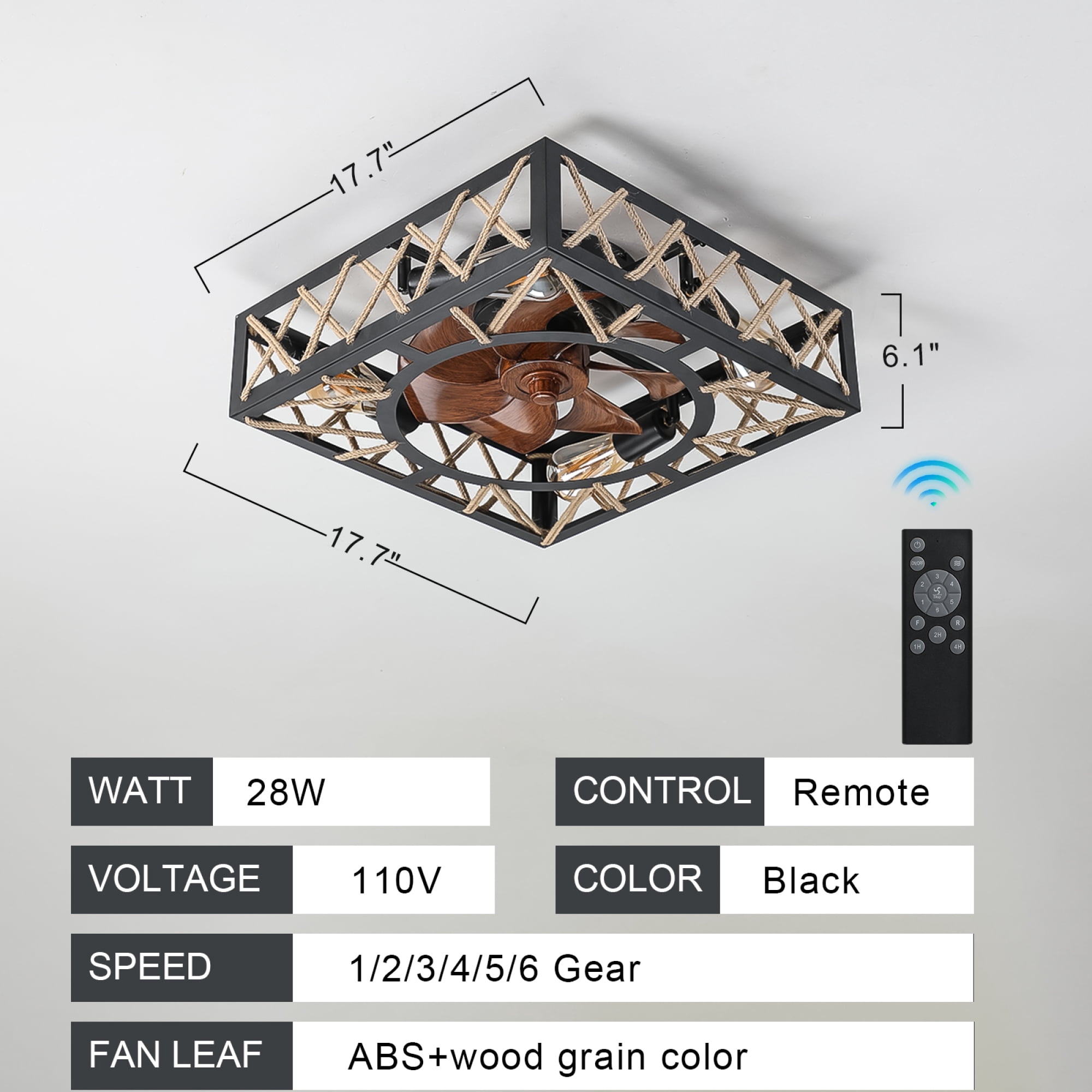 Leumius Farmhouse Rustic Ceiling Fan and Remote Control,Square Caged Industrial Ceiling Fixture with 6 Speeds & Noiseless DC Motor for Kitchen Dining Room Living Room Bedroom