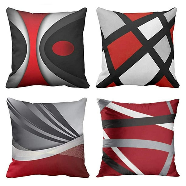 SUFAM Set of 4 Pillow Cases Modern Abstract Red Stripes Gray Black