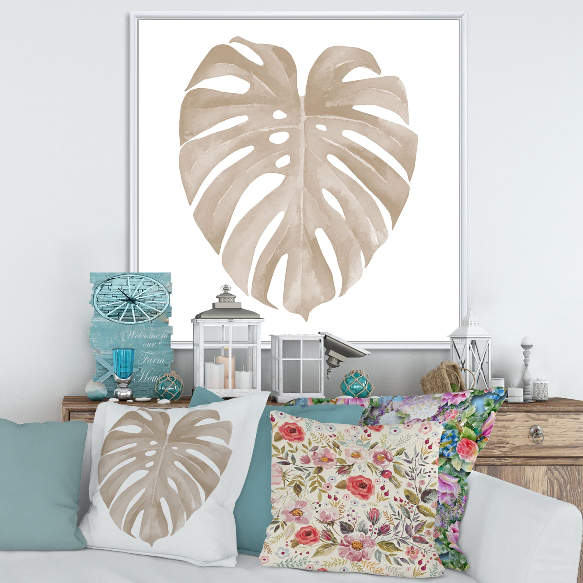Designart 'Beige Ivory Pastel Monstera Heart Shaped Tropical Leaf' Traditional Framed Canvas Wall Art Print