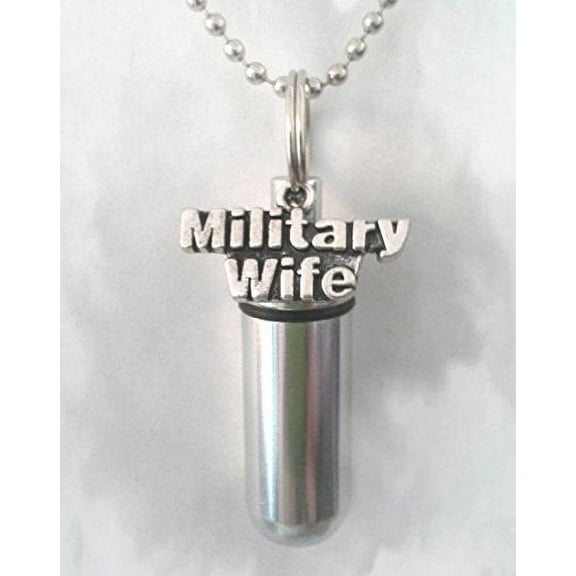 Patriotic MILITARY WIFE Pill Holder Necklace - Includes Velvet Pouch, Ball-Chain