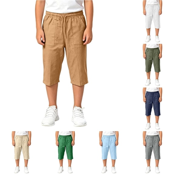 YMNXA Kids Boys Girls Capri Pants Drawstring Elastic Waist Solid Color Lightweight Loose Fit Stretchy Trousers For Casual Daily Wear,Khaki,7-8 Years