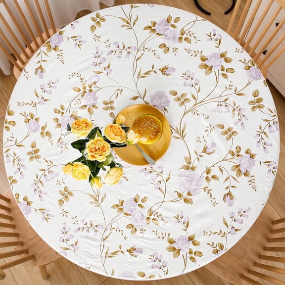Tcwhniev Indoor Outdoor Patio Round Fitted Vinyl Tablecloth, Flannel Backing, Elastic Edge, Waterproof Wipeable PVC Table Cover, Trumpet Flower, for Table of 35-44’’ Diameter