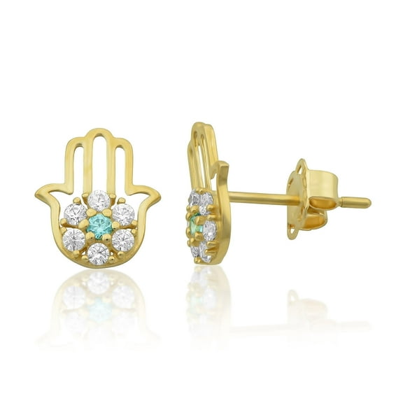 VINALI 14K Solid Yellow Gold Blue White Cz Womens Dainty Hand Hamsa Stud Earrings - 0.31in