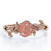 JeenMata 0.50 Carat - Leaf Ring Design - Round Shaped Strawberry Quartz Solitaire Engagement Ring - 18K Rose Gold Plating Over Silver