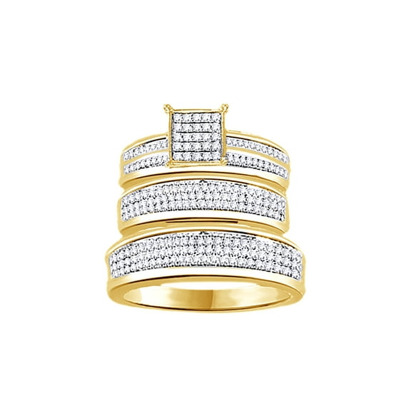 AFFY White Natural Diamond Wedding & Engagement Trio Band Ring Set In 10k Yellow Gold (0.5 Cttw)