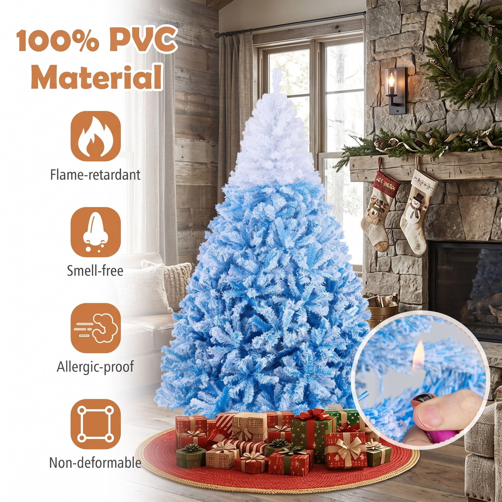 RUIE 7 FT Artificial Christmas Tree with 350 Warm White LED Lights and 8 Modes, Snow Flocked Hinged Prelit Xmas Tree with Foldable Metal Stand, White & Blue