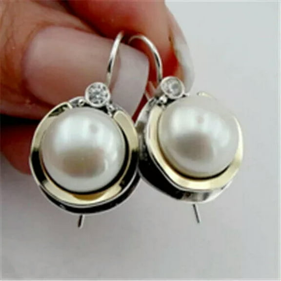 HOOUN 925 Silver Filled Women White Pearl Wedding Drop Earrings Two Tone Jewelry-#6