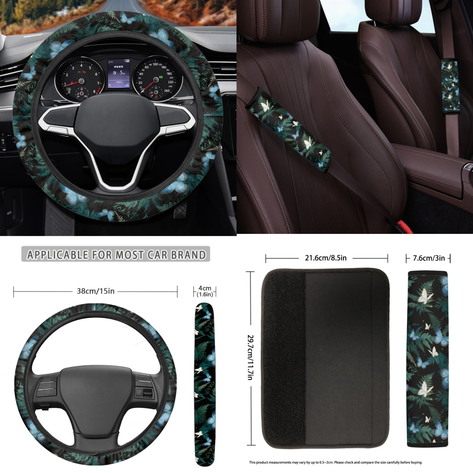 Yuyamidu Blue Butterfly Car Seat Cover Full Set Green Leaves Car Floor Mats Steering Wheel Cover Seatbelt Pad Gear Shift Knob Cover Cup Coaster Auto Interior Accessories Set of 15