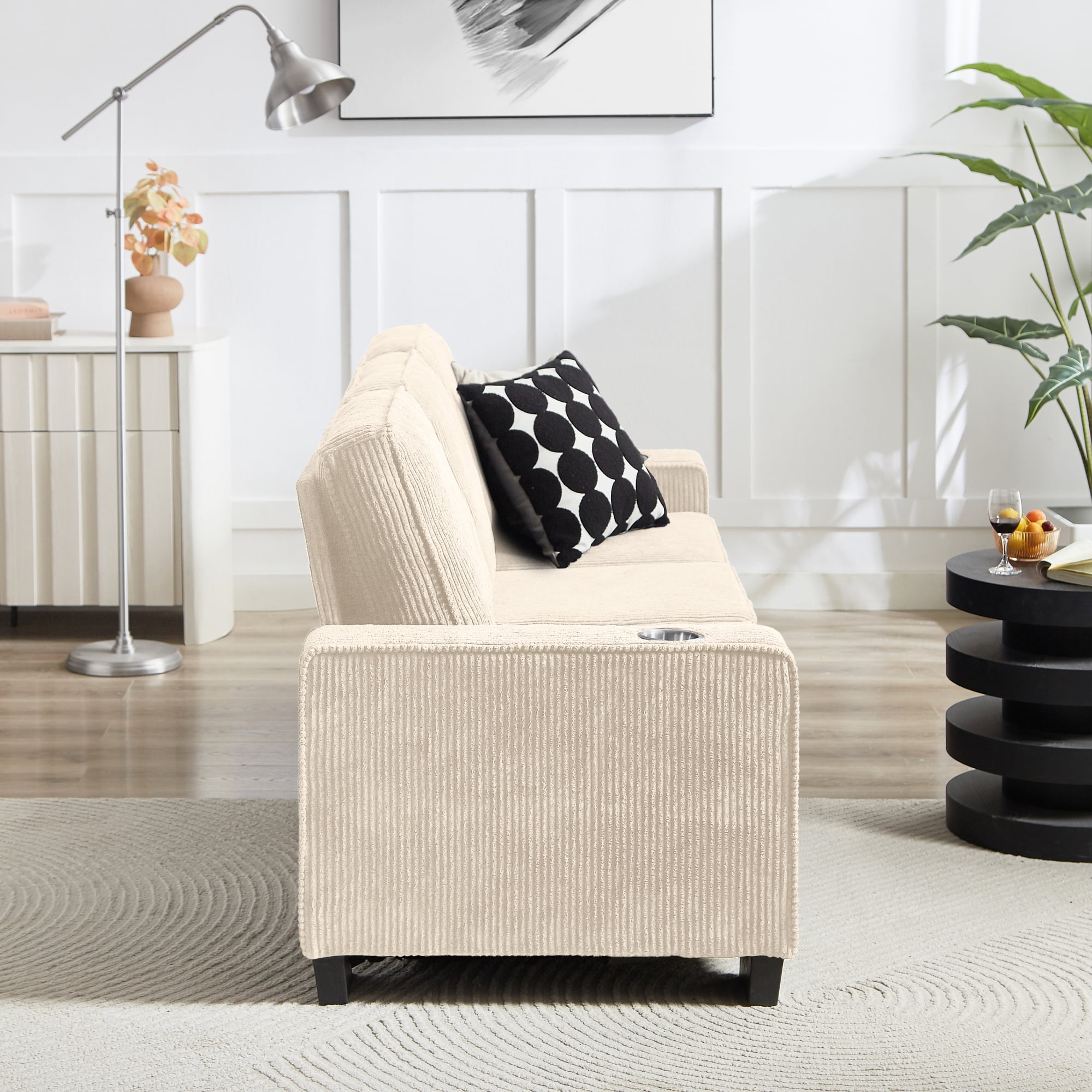 Leumius 83.86" Corduroy Sofa,3 Seater Sofa Couch with Deep Seats,Armrests and Cupholders for Living Room, Bedroom, Apartment, Office,Beige