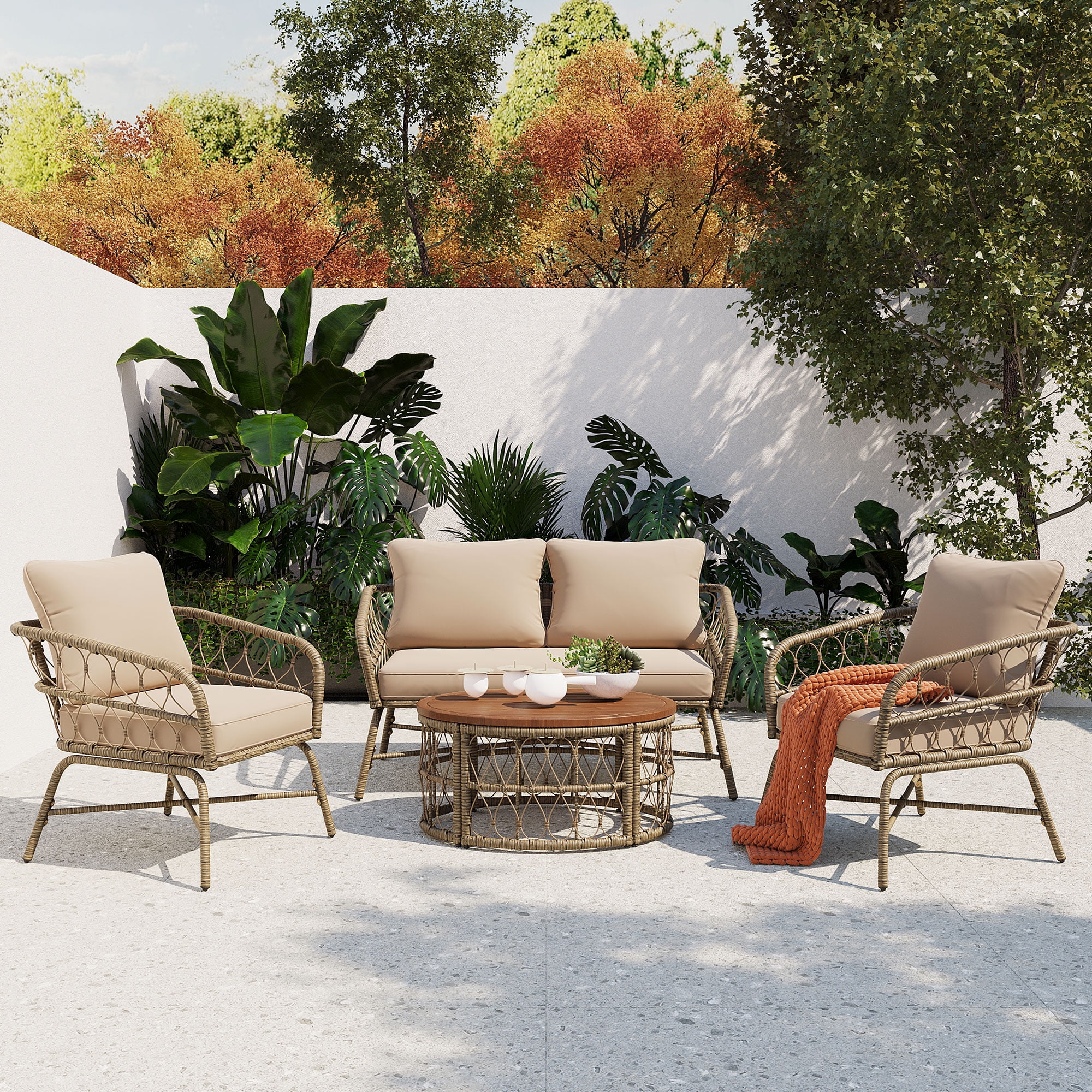 Highsound 4 Piece Patio Furniture Set, All Weather Outdoor Sectional Sofa Manual, Metal & Wicker Frame Patio Conversation Set with Coffee Table & Beige Cushions