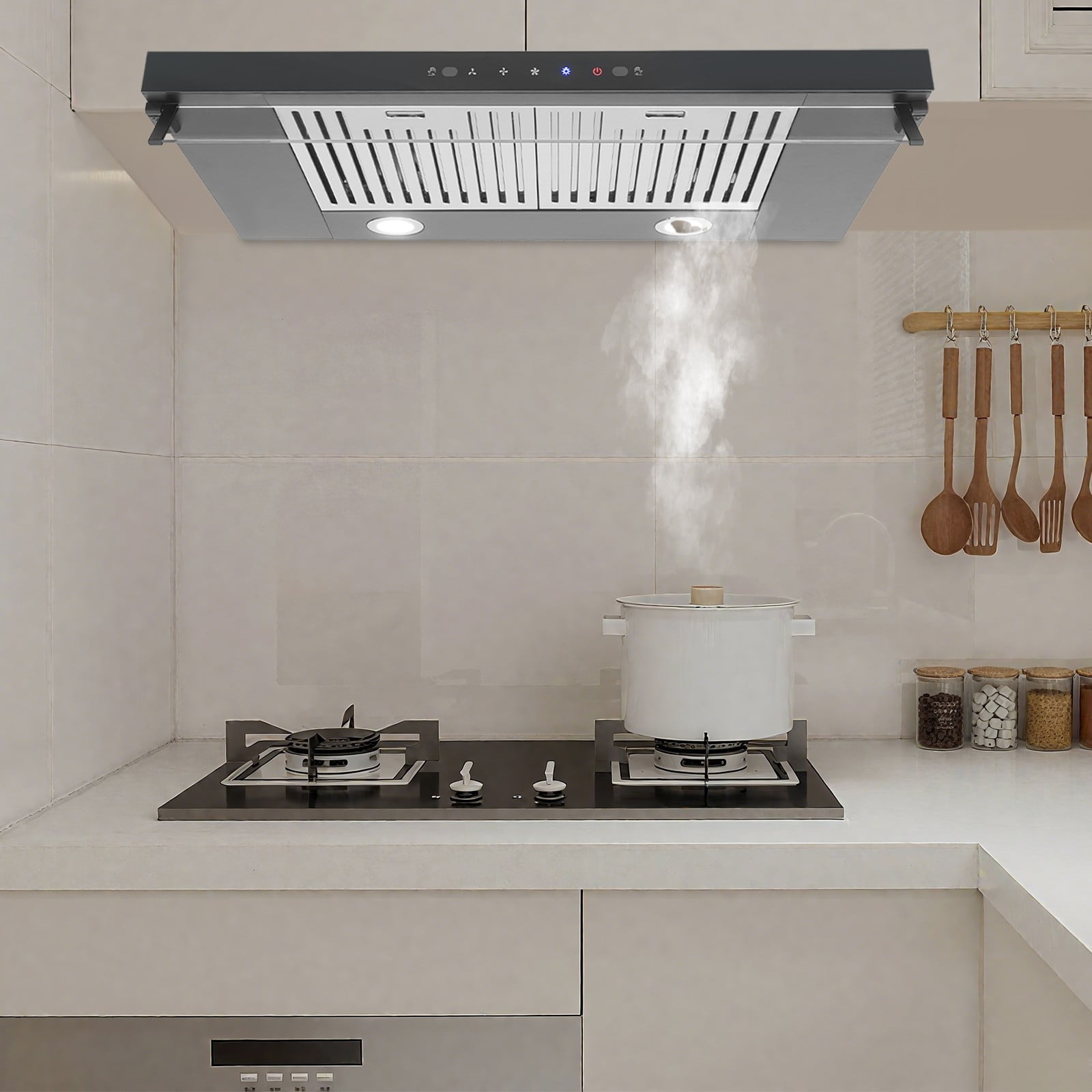 30" Modern Rectangular Black Under Cabinet Range Hood 900 CFM, Dual Motor Stainless Steel Kitchen Vent