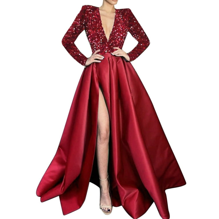 GZWYHT Dresses for Women 2025,Prom Dresses New Feminine One Shoulder Long  Sleeve Beaded Large Swing Sequins Split Long Dress Evening Dress Formal  Dresses,Graduation Dress,Red 1 Dress,Sequin Dress XL - Walmart.com