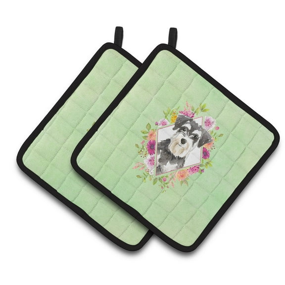 Schnauzer #2 Green Flowers Pair of Pot Holders