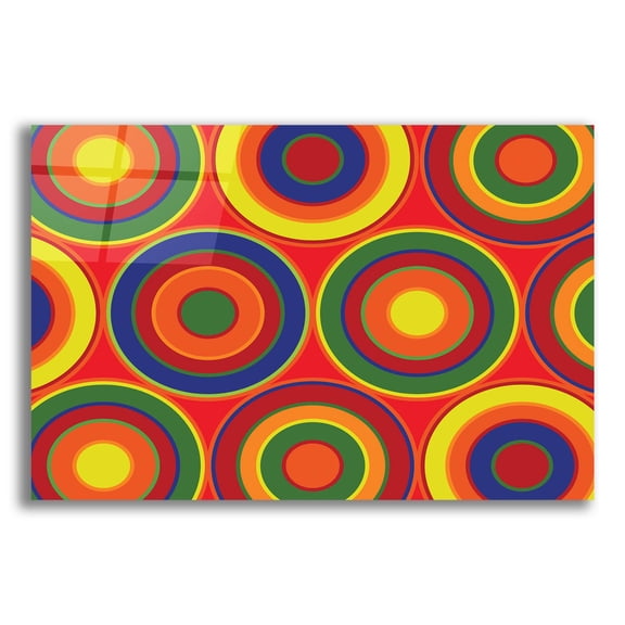 Epic Art 'Circles Abstract On Red' by Ron Magnes, Acrylic Glass Wall Art, 24"x16"