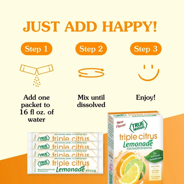 True Lemon Triple Citrus Lemonade Drink Mix, 10 Calories, No Artificial Sweetners, 10 Count