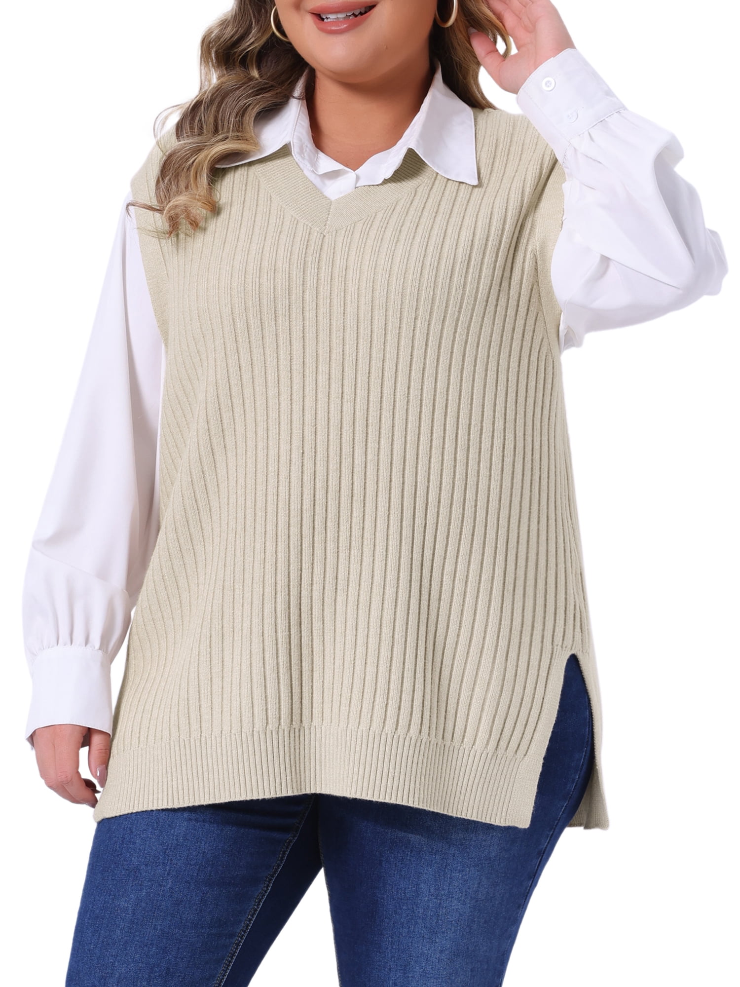 DARING DIVA Women's Plus V Neck Sleeveless Pullover Knit Split Hem Sweater Vest 4X Beige