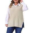 thumbnail image 2 of DARING DIVA Women's Plus V Neck Sleeveless Pullover Knit Split Hem Sweater Vest 1X Beige, 2 of 6