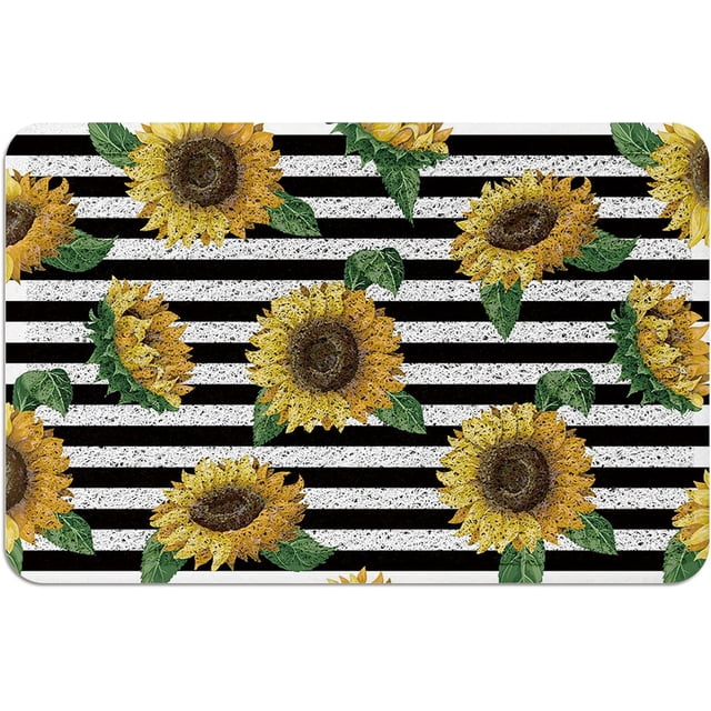Tapis d'Entrée en PVC Tapis de Bienvenue Robustes, Tournesols Rustiques Rayures Noires et Blanches Tapis d'Extérieur Intérieur Antidérapant pour Porte d'Entrée/jardin/garage, 18"x 30 Pouces Peinture à l'Huile Florale de Ferme