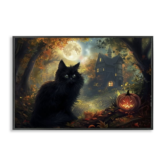 Stupell Industries Black Cat & Haunted Mansion Animals Painting Black Framed Art Print Wall Art, 18 x 12