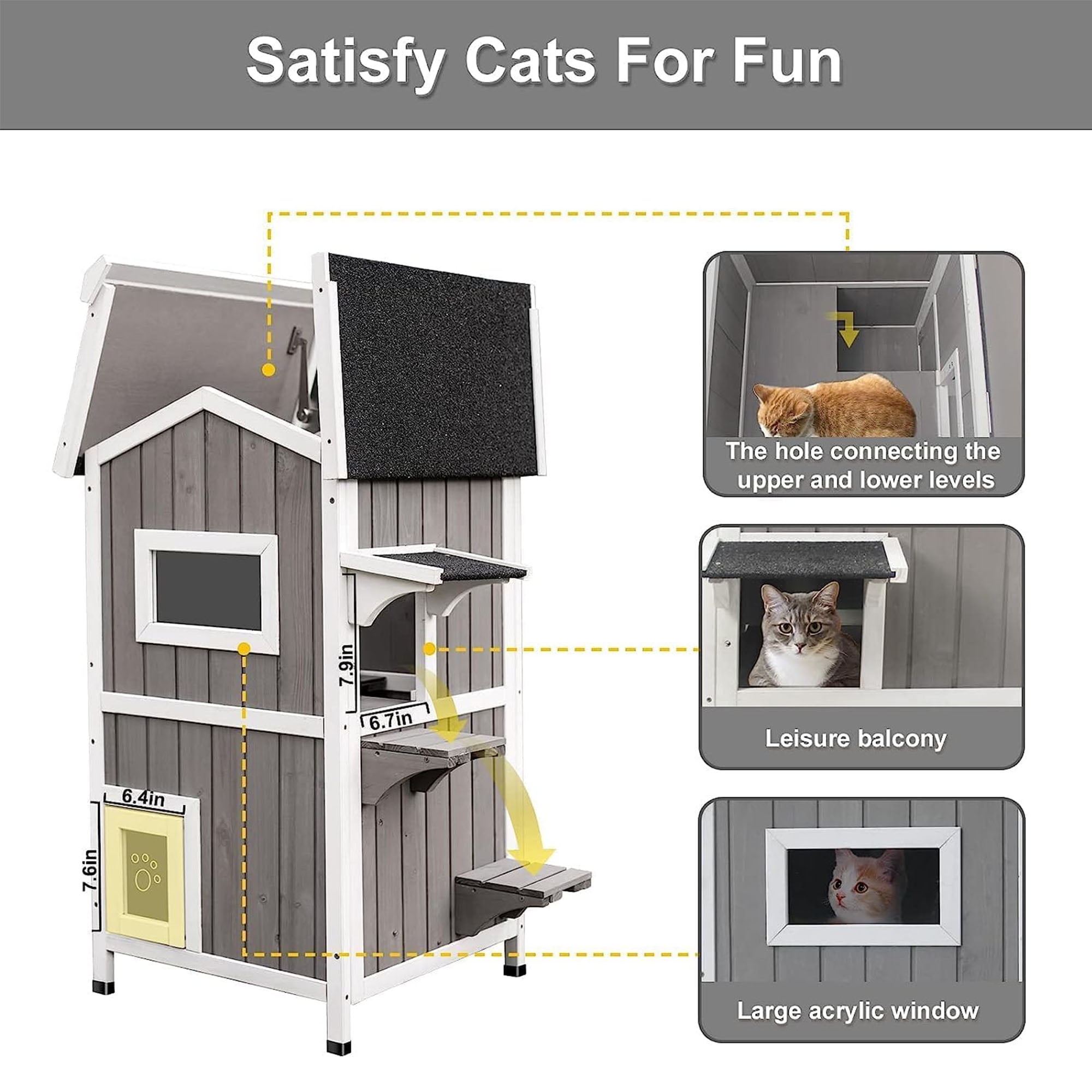 resenkos 37" 2-Story Cat House for Outdoor Cats, Weatherproof Cat Shelter with Escape Door, Wood Cat Condo for 3 Adult Cats, Gray