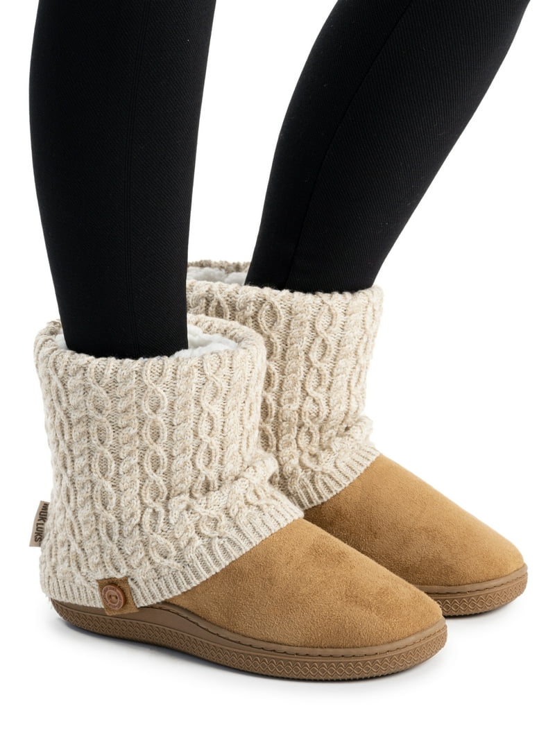MUK LUKS Women's Cozy Knit Bootie Slippers, Non-Slip, Pull-On, Tan