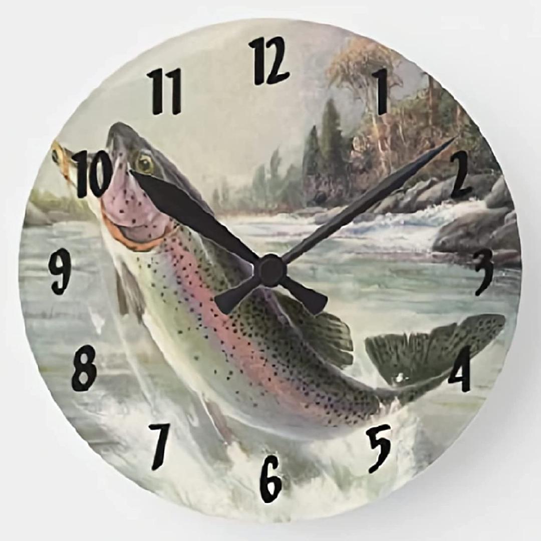 Rainbow Trout Fish Wall Clock Fisherman Fishing Wooden Round Clock Wall