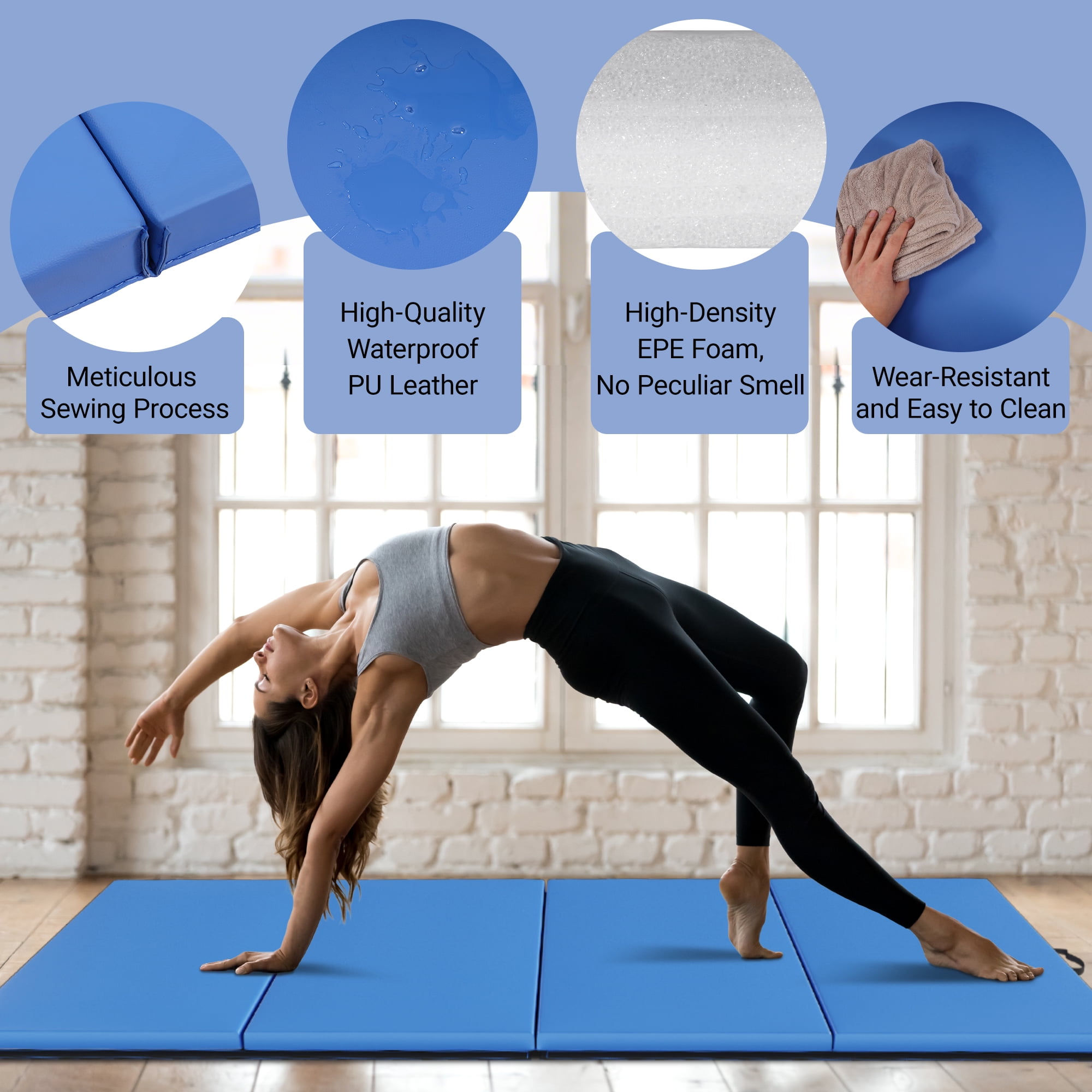 BalanceFrom Versatile 4'x8'x2" High-Density Gym Mats - Extra Thick, Anti-Tear, Easy-Clean, Foldable for Aerobics, Yoga, Martial Arts, with Durable Vinyl and Velcro, Blue
