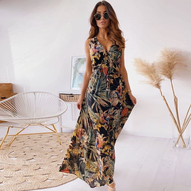 DPTALR Femmes V-Cou Sleexeless Print Ouvert Dos Casual Sexy Licol Mi-Mollet Robe Longue