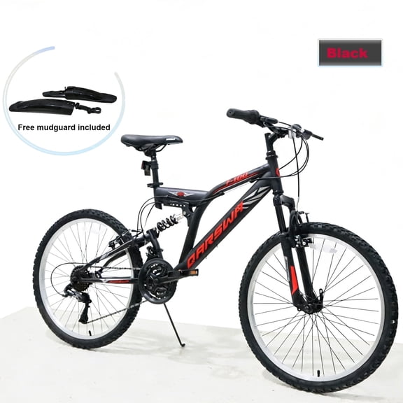 QARSWA 24" Inch Mountain Bike for Men & Women, 21-Speed Full Suspension MTB, High-Carbon Steel Frame, Quick Release Front Wheel, Dual Fenders Bicycle