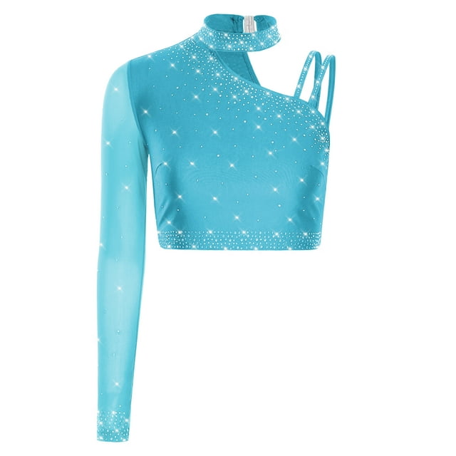 Kaerm Womens Shiny Rhinestone Dance Top Asymmetrical Shoulder Long Sleeve Figure Skating Costume Crop Top Sky Blue M