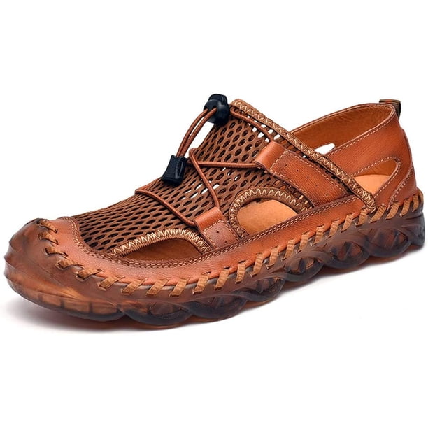 Xishao Sandalias Transpirables de Malla de Cuero de Vaca Casual de Verano para Hombres Zapatos de Agua Costera Transpirables de Goma Suave Transpirables Diarios Ajustables Huecos Xishao ropa