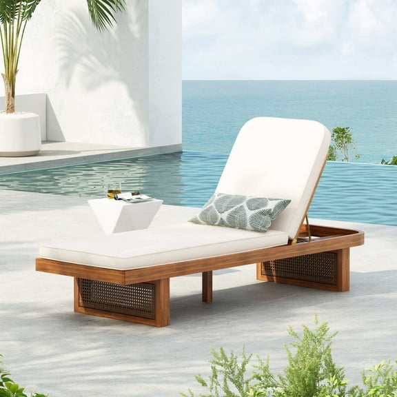 Christopher Knight Home 80.5" Outdoor Lounge Chair, Wood Frame with PE Rattan Accents, White Cushion, Natural