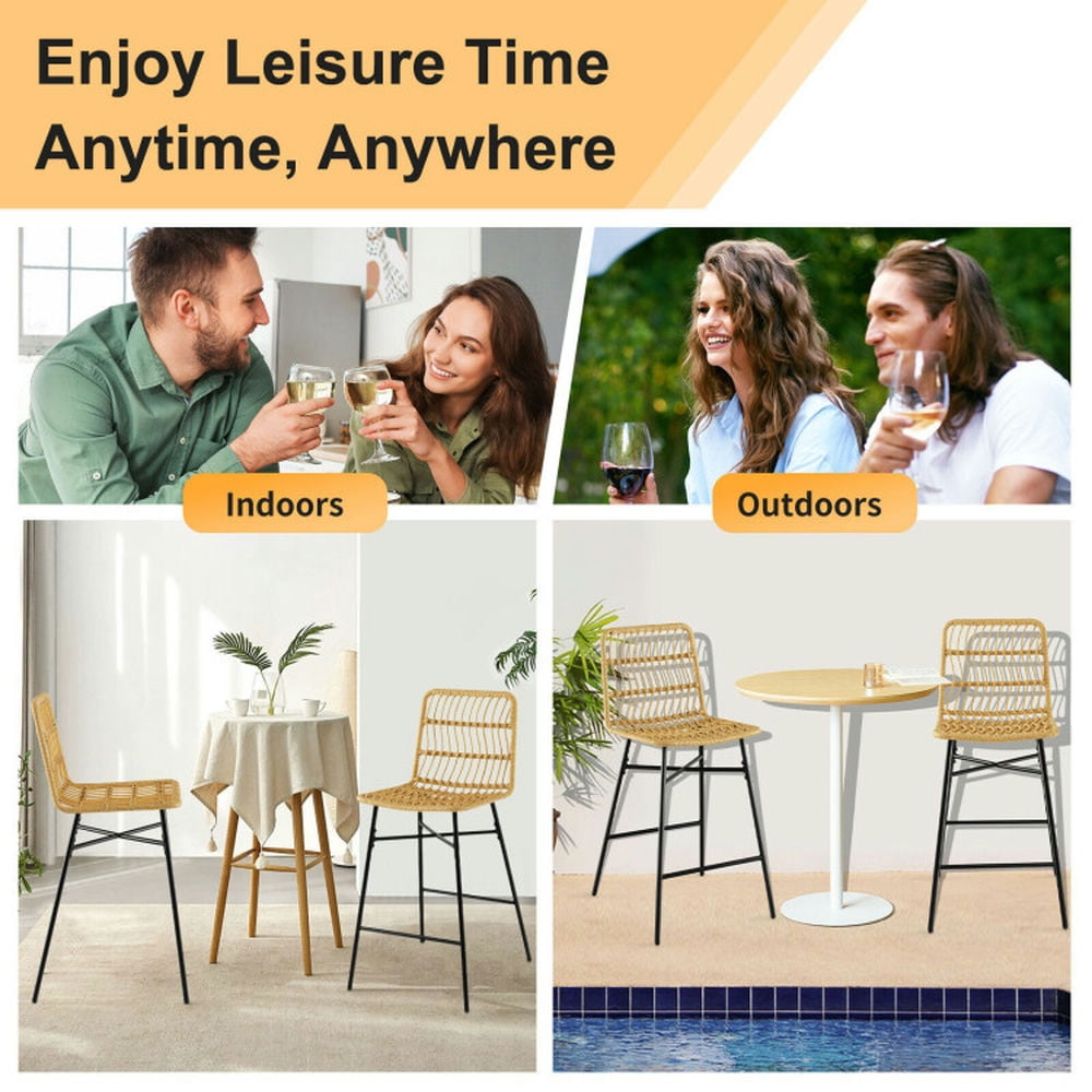 Demi Bonn Set of 2 Rattan Bar Stools with Sturdy Metal Frame, Modern Dining Chair with Backrests, Yellow