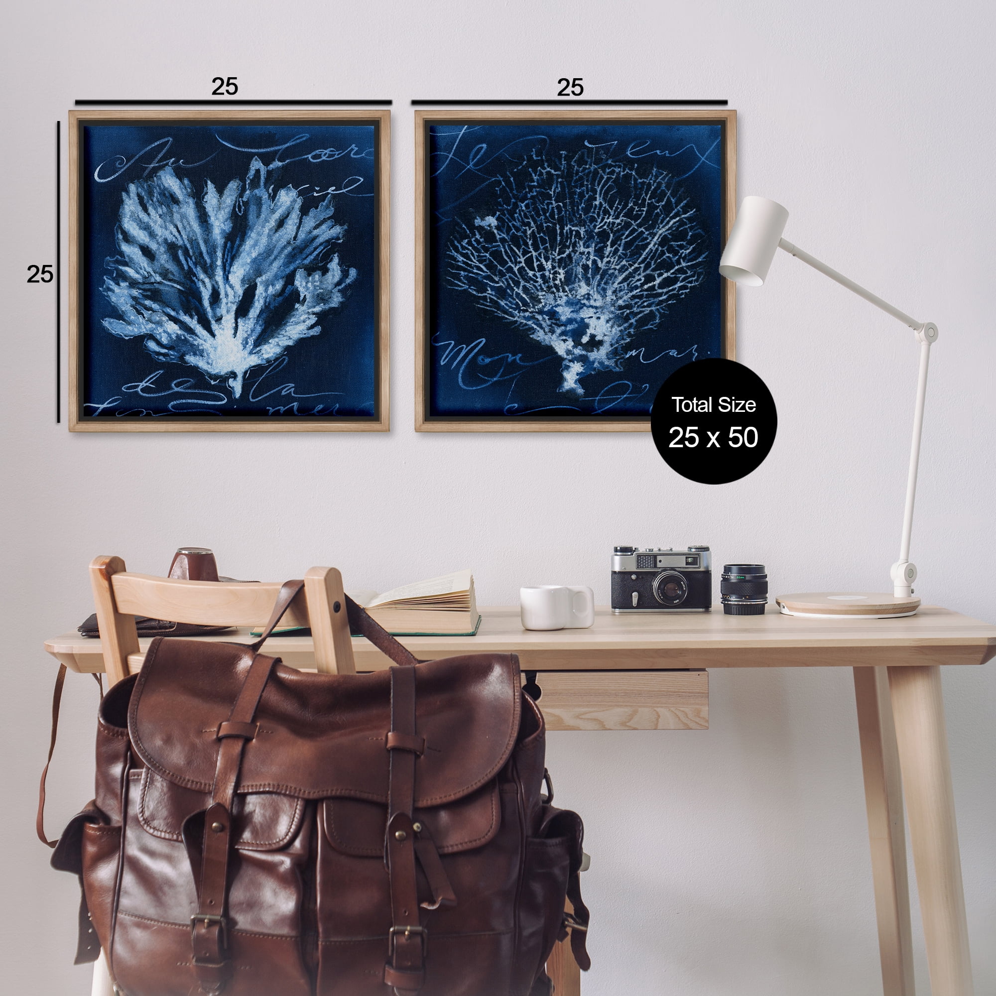 Stupell Industries Dark Blue Coral Pieces Nautical & Beach Painting Brown Floater Framed Canvas Art Print Wall Art, 25 x 25, Set of 2