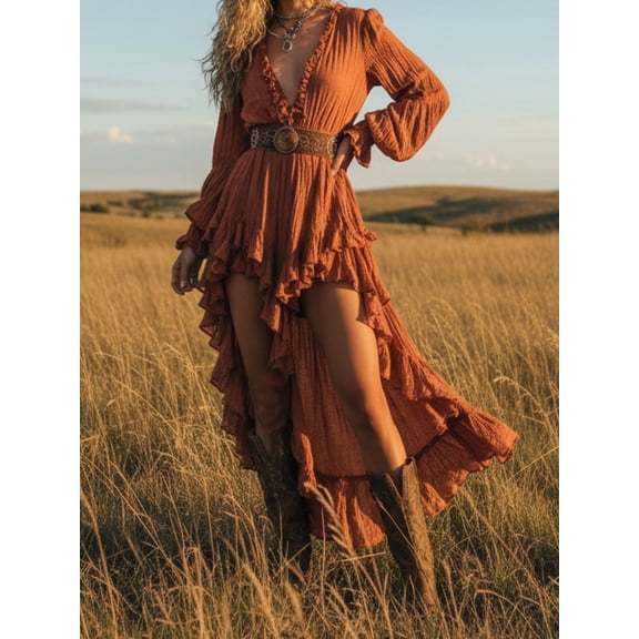 Women's Boho V-Neck Flared Sleeve Orange Red Dress, High-Low Ruffle Hem,Music Festival Outfit for Women(Belt Not Included)