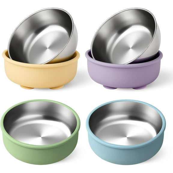 Stainless Steel & Silicone Bowls for Baby - 4-Piece Suction Plates & Bowls for Toddlers,Removable Silicone Shell,Non-Slip Baby Food Bowl with Unbreakable Design