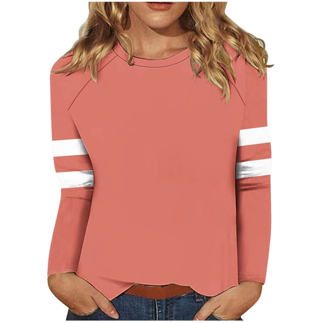 lcziwo T-Shirts à Manches Longues pour Femmes à Blocs de Couleur Col Rond Hauts Décontractés Coupe Ample T-Shirts Mode d'Automne Blouse Légère 2024 Rouge Melon D\'eau
