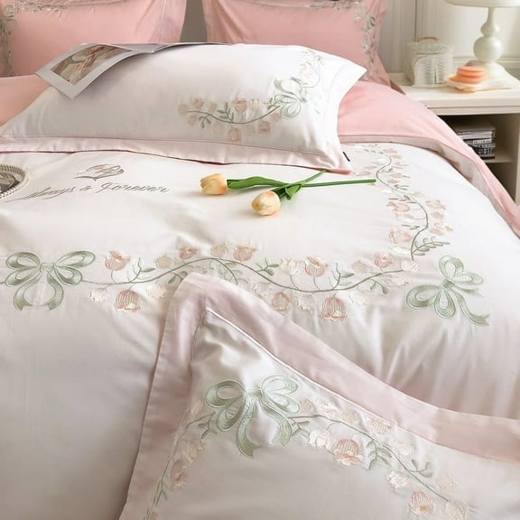 Cotton Time Queen Cotton Duvet Cover Set 3Pcs Floral Embroidery Bedding Set 1 Comforter Cover 2 Pillowcases Soft Breathable